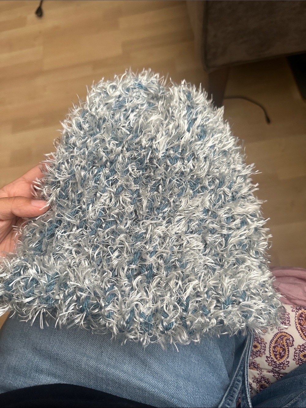Cozy Fuzzy Beanie in Heathered Blue and White